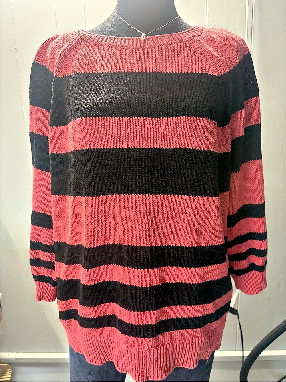 LOFT Striped Crewneck Sweater in Pink & Black Size XL